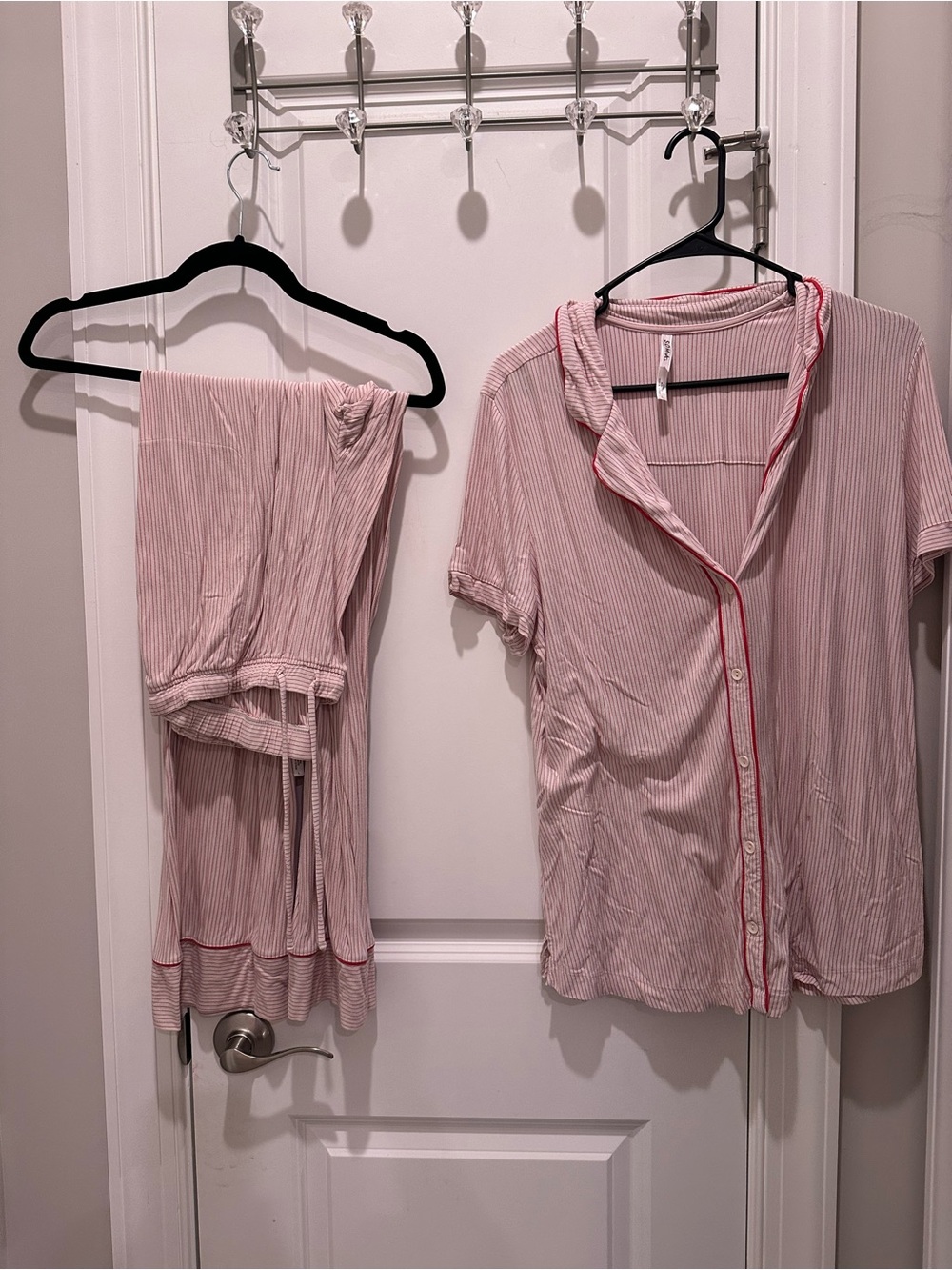 Soma Lightweight Pink Striped Short Sleeve Pajama Set with Red Piping